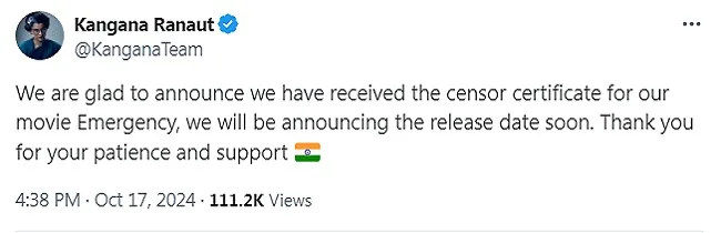 Kangana Ranaut's Emergency gets censor certificate